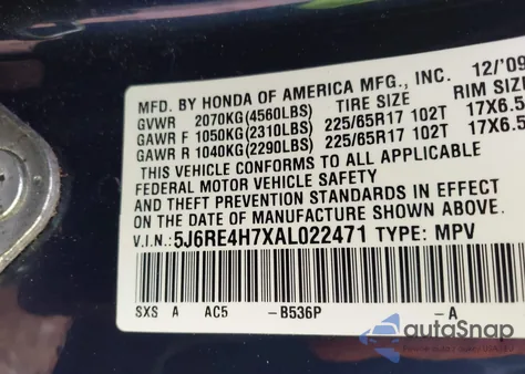 2010 Honda Cr-V Ex-L z USA, uszkodzony, nr VIN 5J6RE4H7XAL022471